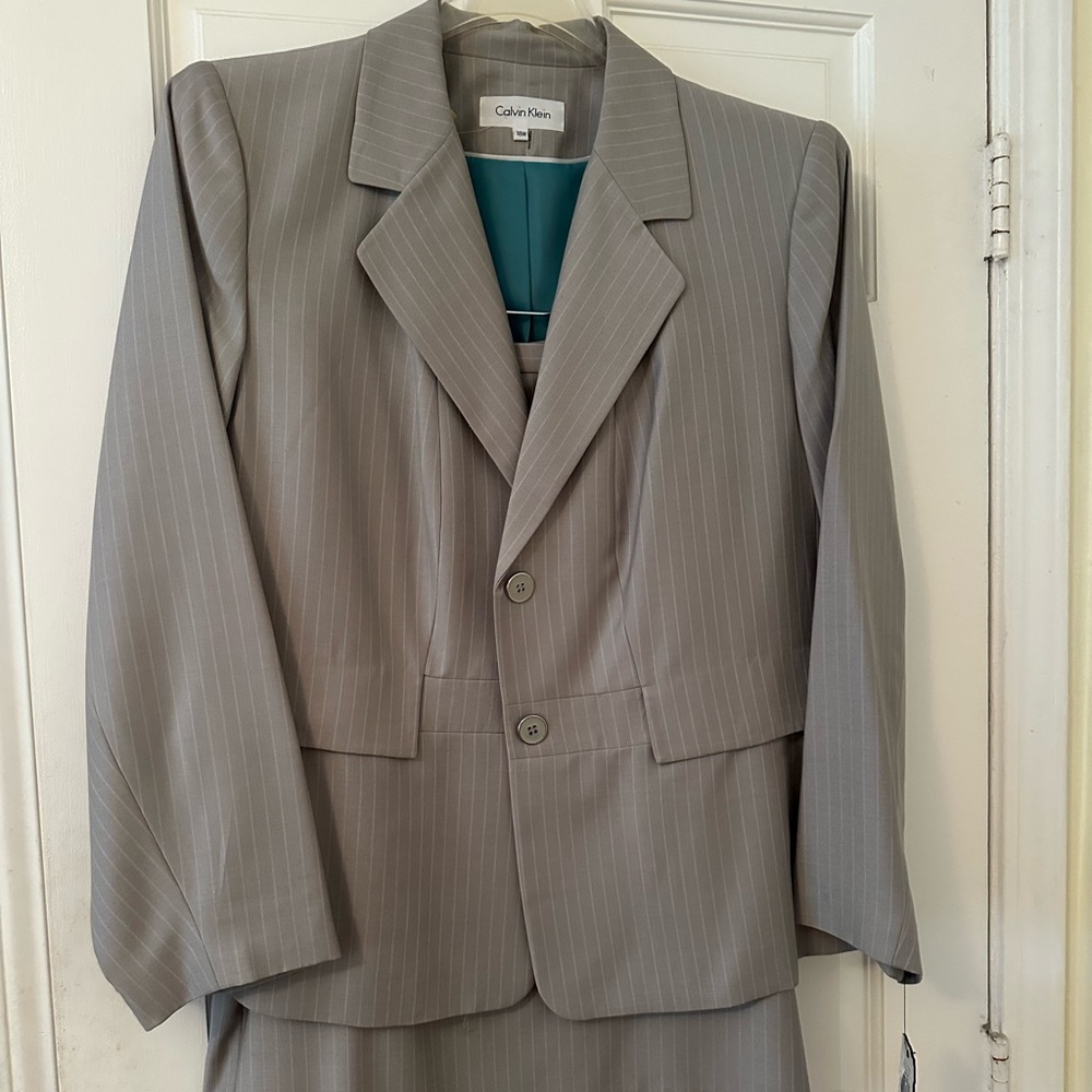 Calvin Klein Light Gray Striped Jacket and Skirt